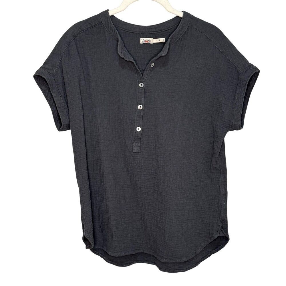 Faherty Shirt Womens XS Gray Organic Cotton Gauze Short Sleeve Henley Top
